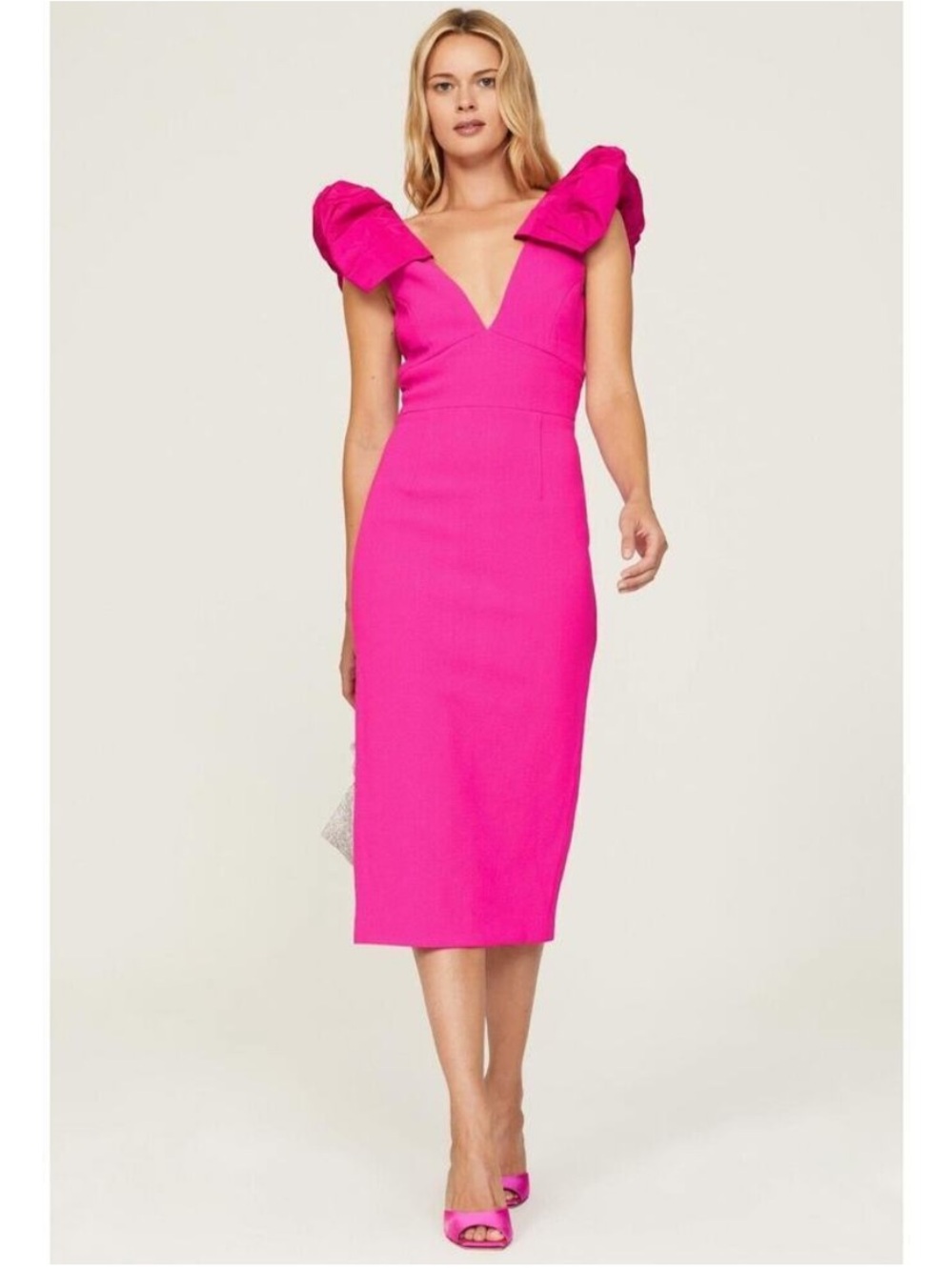 Rebecca Vallance Cupids Bow Midi Dress Hot Pink Crepe NWT Size 6 Cocktail